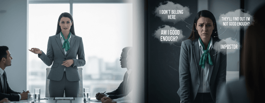 imposter-syndrome-for-women-leaders-presentation Imposter syndrome for women leaders—female executive presenting confidently to her team.