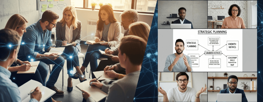 community-based-leadership-development-hero Community-based leadership development—diverse leaders in a peer learning circle collaborating in a modern workspace.