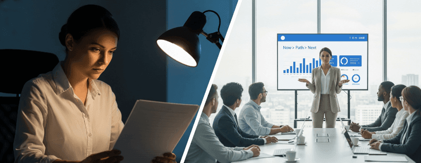 authentic-confidence-female-leaders-hero Female leader presenting with authentic confidence in a modern boardroom—clear strategy, measurable metrics, and calm executive presence.