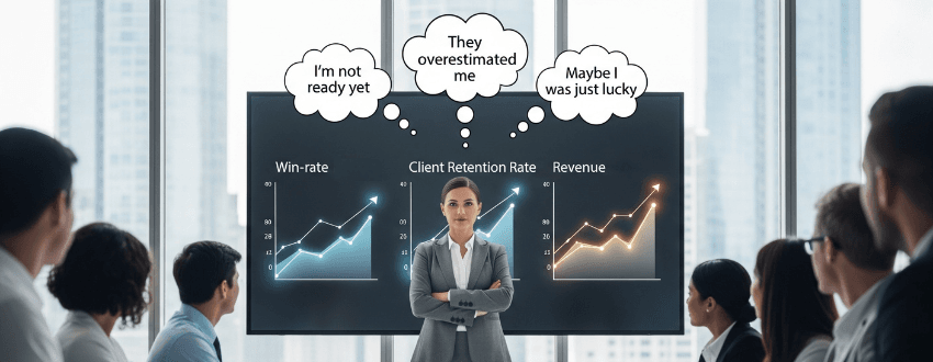impostor-syndrome-at-work-doubts-vs-evidence Photoreal: impostor syndrome at work—inner doubts vs. performance evidence in a leadership meeting.