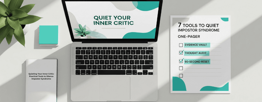 impostor-syndrome-strategies-toolkit-flatlay-quiet-your-inner-critic-checklist Impostor syndrome strategies toolkit: flat lay with