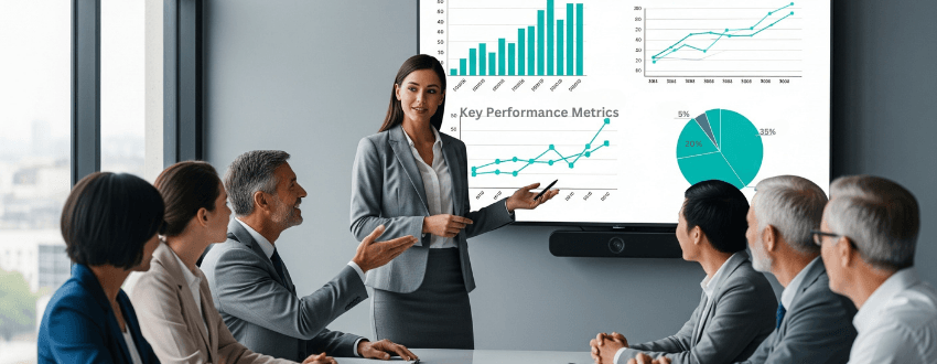 overcoming-imposter-syndrome-speak-up-results Overcoming imposter syndrome: woman confidently presenting her results while colleagues acknowledge her contributions.