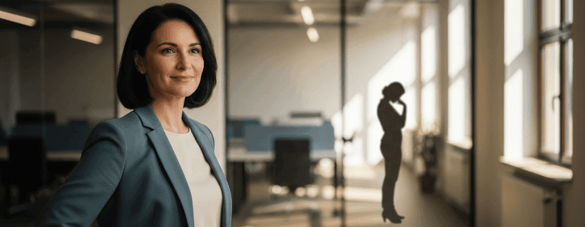 self-doubt-to-self-assurance-early-career-women-hero Professional woman standing confidently in a bright office—symbolizing building confidence at work.